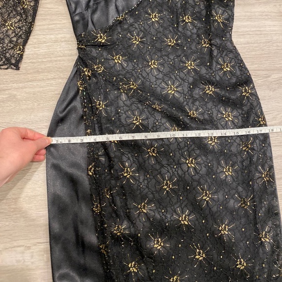 VINTAGE Black Satin Dress Printed Lace Overlay and Gold Detail | Modern Size XS - Picture 8 of 8